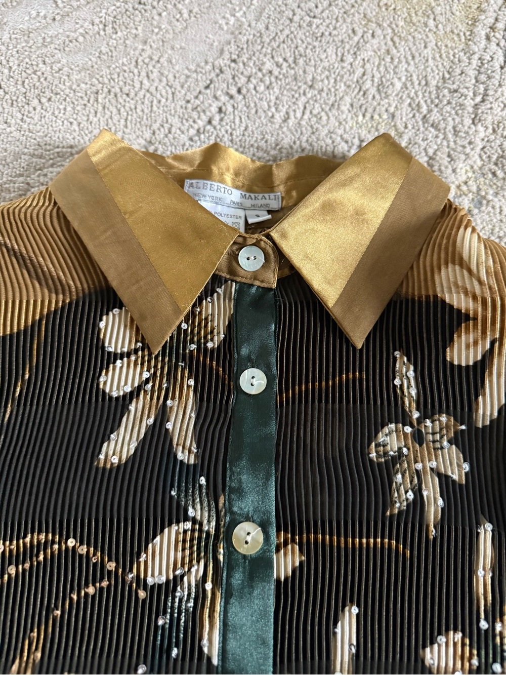 Alberto Makali button front shirt green Gold Pleated floral sequins small - Picture 4 of 8